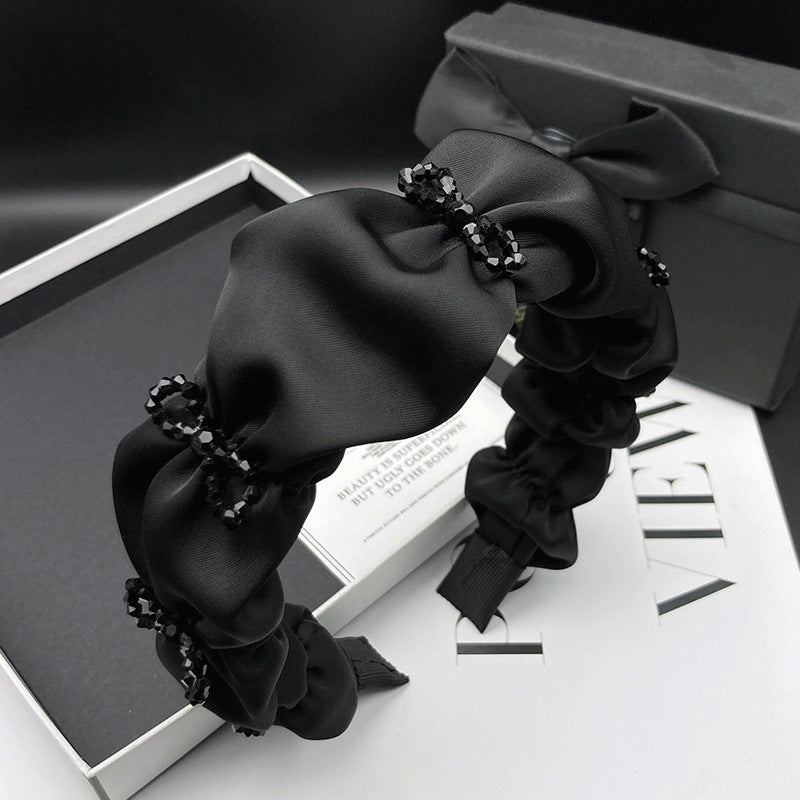 Black Gathered Fabric Headband with Bead Bow Details - product view 1