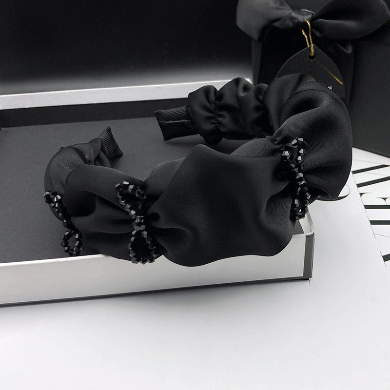 Black Gathered Fabric Headband with Bead Bow Details - product view 3
