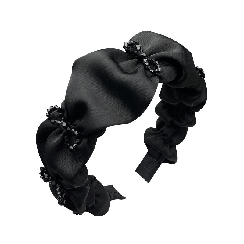Black Gathered Fabric Headband with Bead Bow Details - product view 5