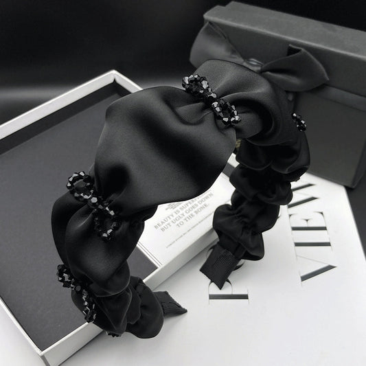 Black Gathered Fabric Headband with Bead Bow Details - product view 1