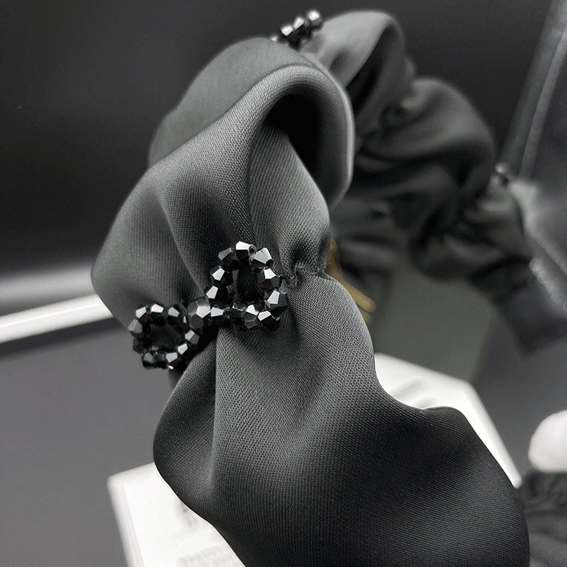 Black Gathered Fabric Headband with Bead Bow Details - product view 2