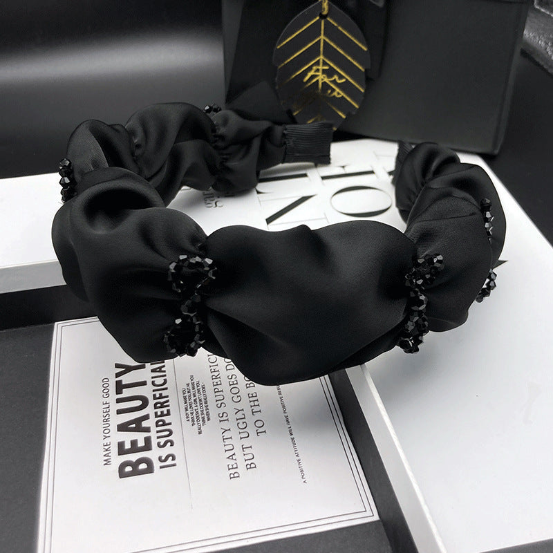 Black Gathered Fabric Headband with Bead Bow Details - product view 4