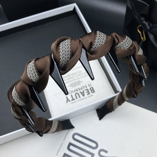 Coffee Brown Braided Fabric Headband with Comb Teeth - product view 1