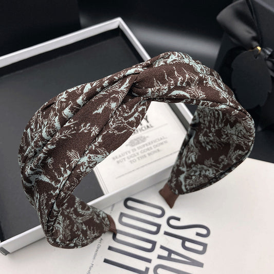 Brown Abstract Print Fabric Headband with Twisted Front - product view 1