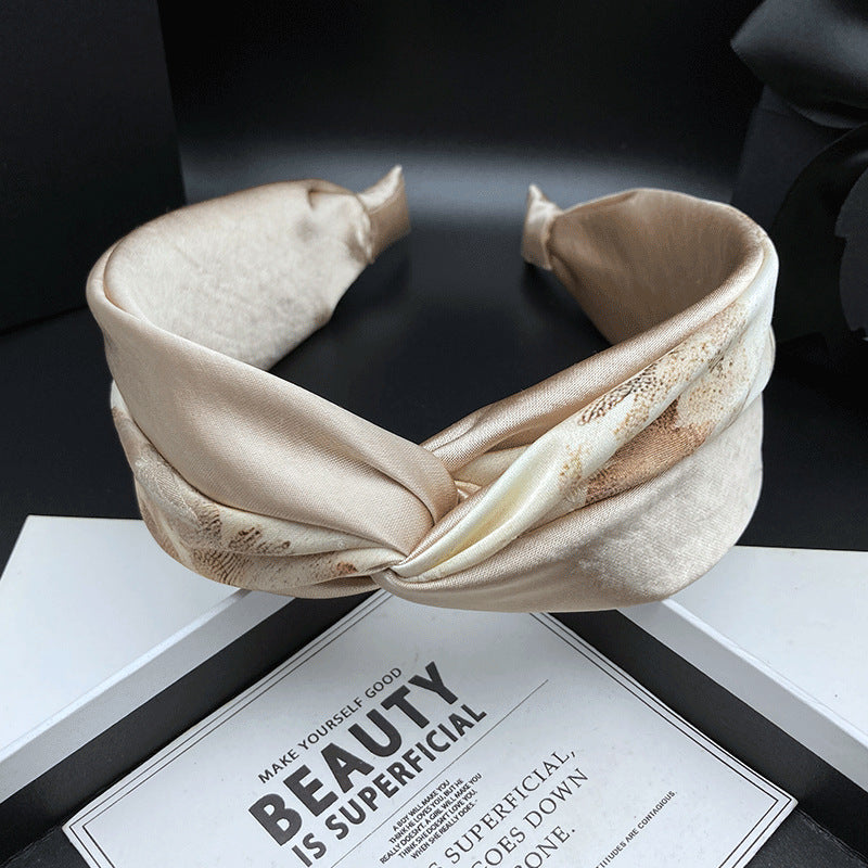 Champagne Patterned Fabric Headband with Twisted Front - product view 3