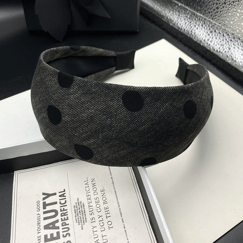 Gray Fabric Headband with Black Polka Dots - product view 2